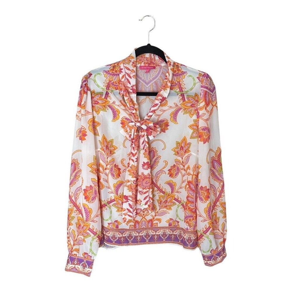 Flying Tomato Anthropologie Colorful‎ Paisley Sheer Blouse Top w/ Bow Size Large